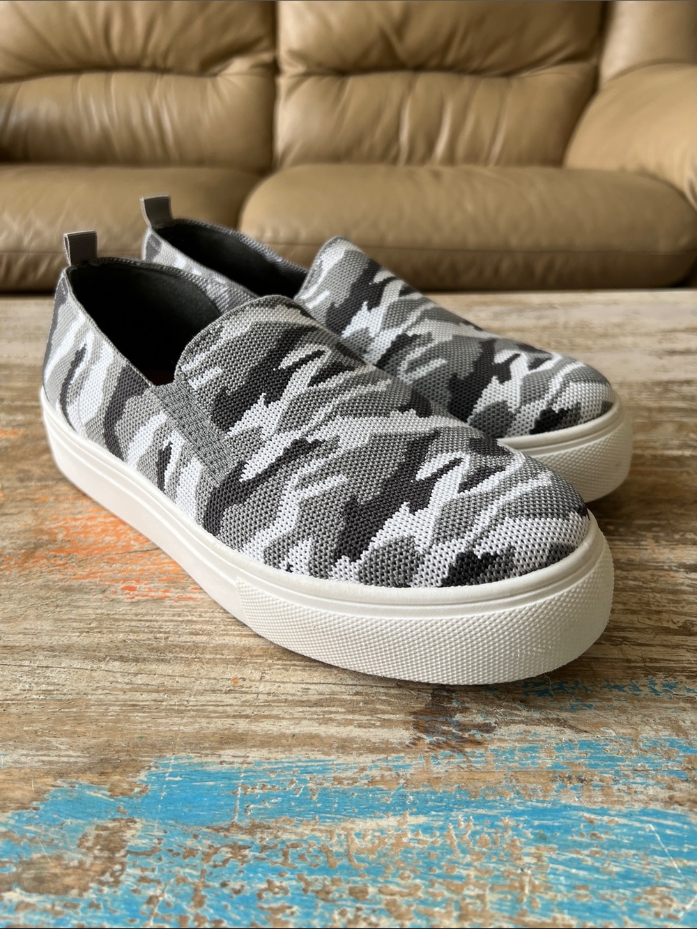 Steve Madden Magee Gray & Black Camo Knit Slip-On Platform Sneakers